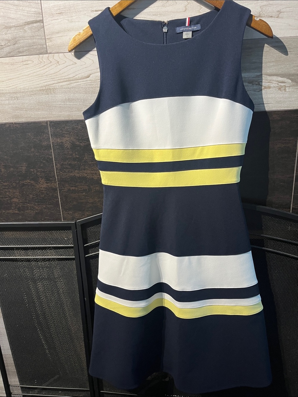 Tommy Hilfiger Navy, White & Yellow Striped Sleeveless Fit-and-Flare Dress size4
